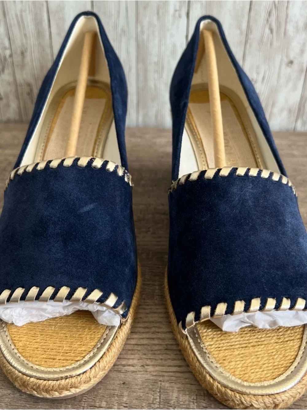Jack Rogers Navy Gold Espadrille Wedge Peep-Toe Preppy Nautical Cape Size 9
